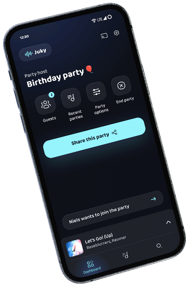 Juky lets your guests set the mood with the perfect music. No more tossing phones around to create a track list for the party 😊